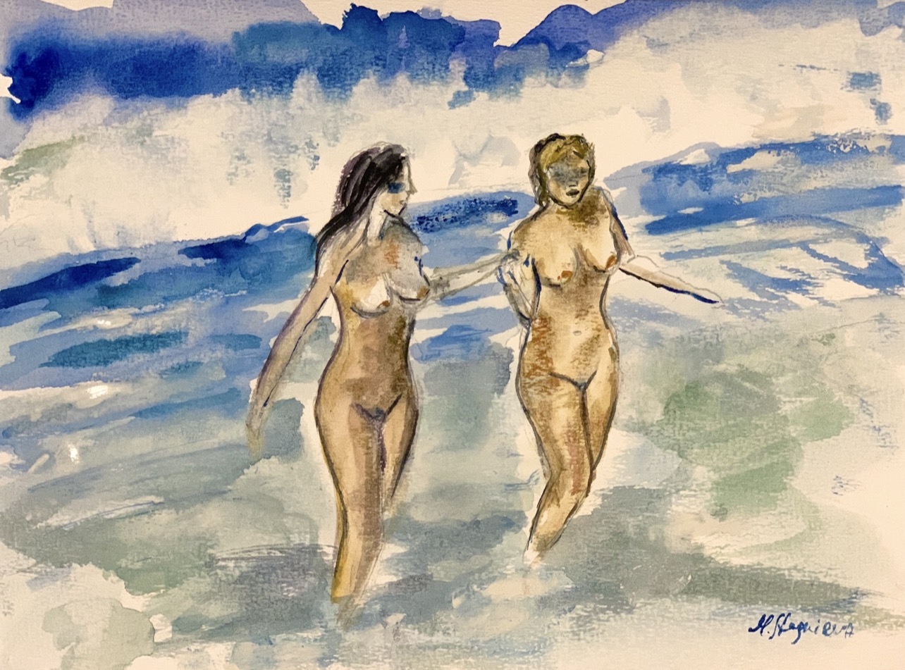Girls at the Sea watercolor by Marina Stognieva, female nude art, Nudist Beach in Painting series